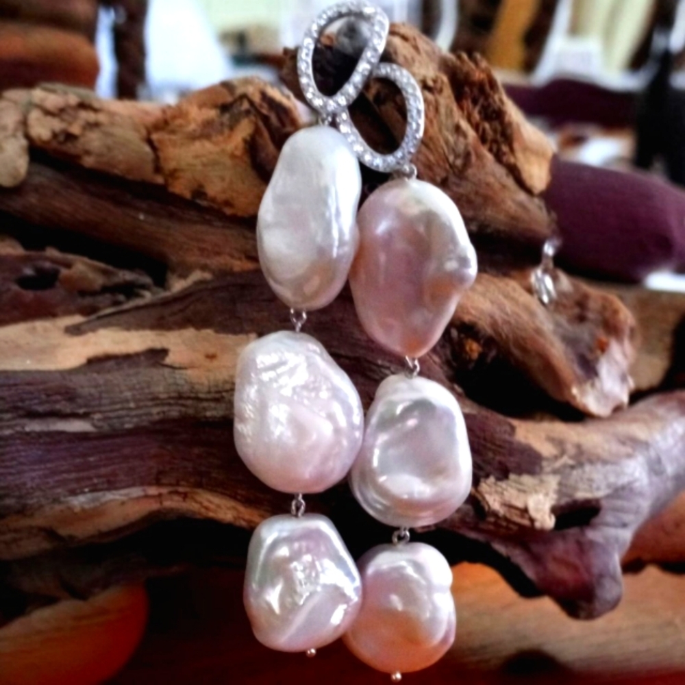 Sterling Silver 16MM-17MM White Kashi Pearl & White Zircon Earrings